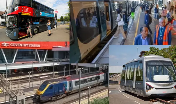 Trains, bus, and people displaying public transportation availability in Coventry