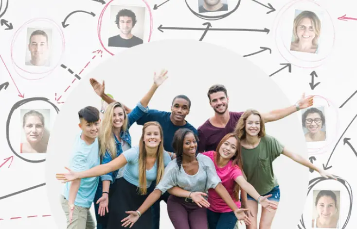 A group of students bent forward with open arms, all are happy, image also have several arrow keys pointing to different students in circle