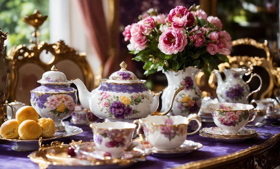 A table set with tea cups and saucers, featuring the 