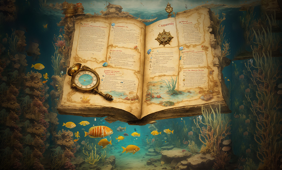 An open book with a magnifying glass and a fish swimming in the ocean - Tea, Tales and Academic Adventures.
